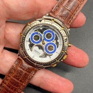 PERRY ELLIS America APE-1382 Watch Moon Phase Mixed Metals Leather Band